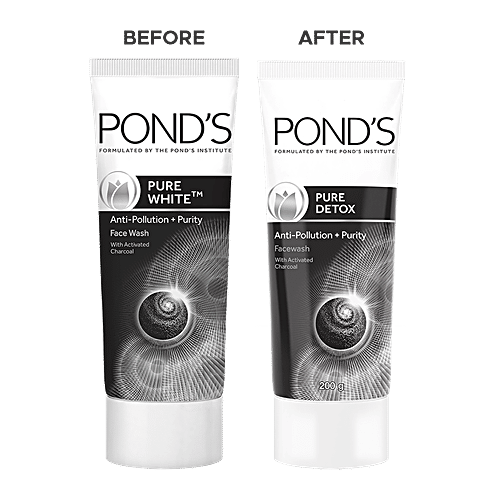 Ponds Pure Detox Face Wash  - Anti-Pollution & Purity With Activated Charcoal, 2x200 g (Multipack) 