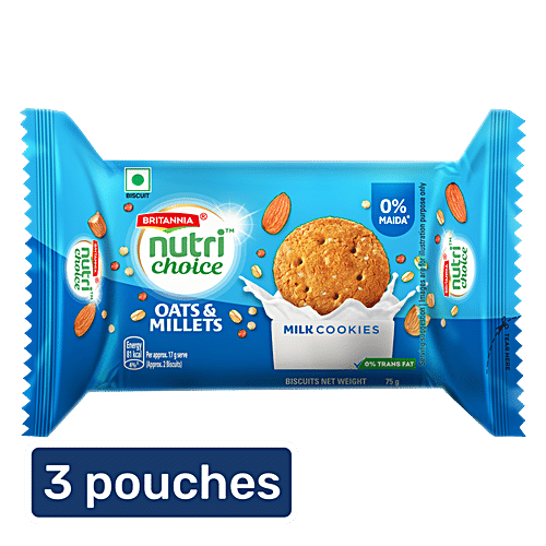 Britannia Nutri Choice Oats Milk & Almond Biscuits, 3 x 75 g (Multipack) 0% Maida