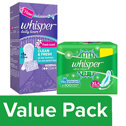 Buy Whisper Ultra Clean Sanitary Pads XL+ 50pcs + Daily Liners Clean & Fresh 20s Pack Online