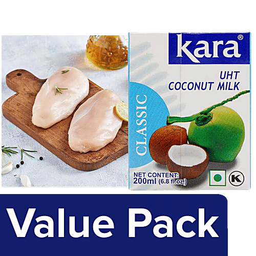 bb Combo Fresho Chicken Breast Boneless 4-5 pcs 500g +Kara Coconut Milk UHT Classic 200ml, Combo 2 Items 
