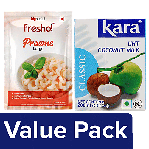 bb Combo Fresho Prawns - Large 250 g + Kara Coconut Milk - UHT Classic, Imported 200 ml, Combo 2 Items