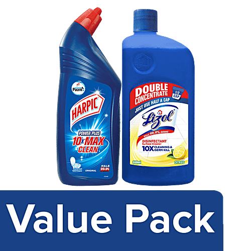 Lizol Double Concentrate Floor Cleaner 900 ml + Harpic Disinfectant Toilet Cleaner 1 L, Combo (Pack of 2) 
