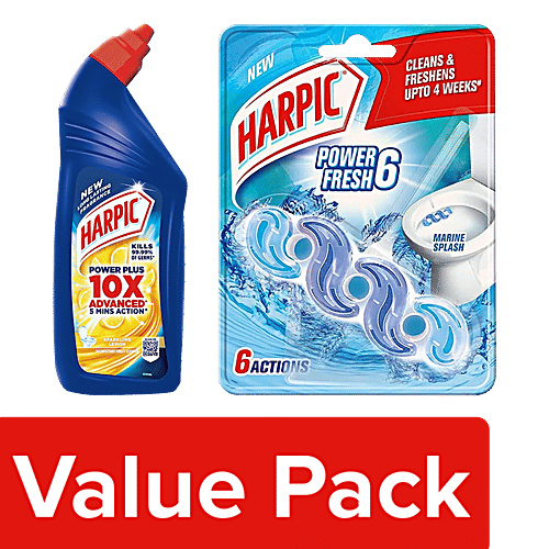 Harpic Power Plus Disinfectant Toilet Cleaner 1 L + Power Fresh 6 Toilet Rim Block 35 g, Combo (2 Items) 