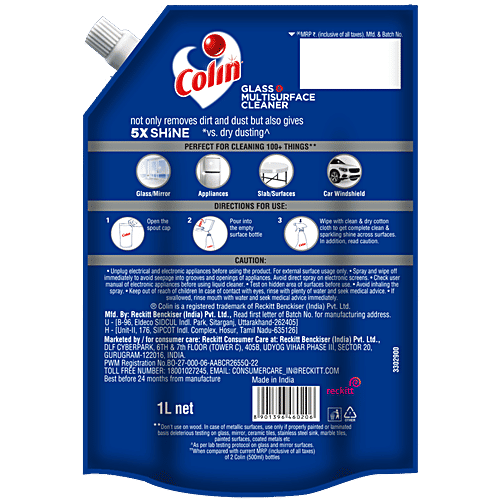 Colin Glass & Surface Cleaner Liquid Spray, Regular Refill 1 L + 500 ml, Combo (Pack of 2) 
