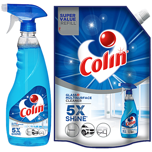 Colin Glass & Surface Cleaner Liquid Spray, Regular Refill 1 L + 500 ml, Combo (Pack of 2) 