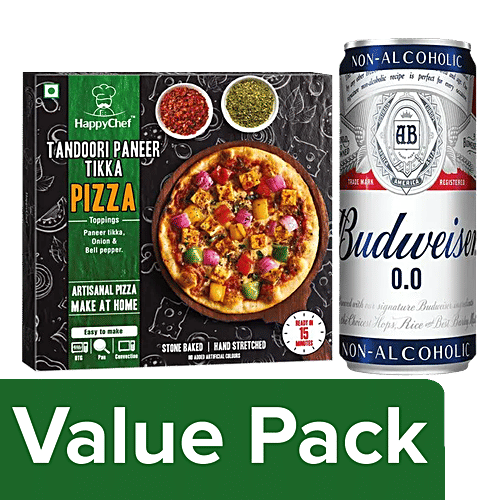 bb Combo Budweiser 00 Non-Alcoholic Beer 330ml + HappyChef Paneer Tikka Pizza-Large 430g, Combo 2 Items 