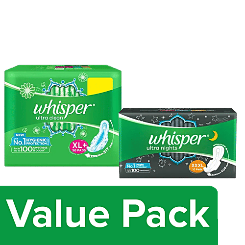 Whisper  Sanitary Pads- Ultra Clean For Women, XL+ 50pcs + Ultra Nights, XXXL Wings 10pcs, Combo 2 Items 