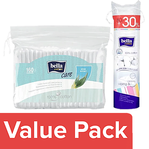 Bella Cotton Buds With Aloe Vera Extract, Foil 160pcs+Cotton Pads 80pcs (Get 30% Free), Combo 2 Items
