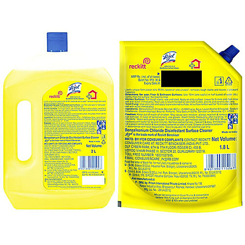 Lizol Disinfectant Surface & Floor Cleaner Liquid - Combo Citrus, 1.8 L + 2 L (2 Items) 