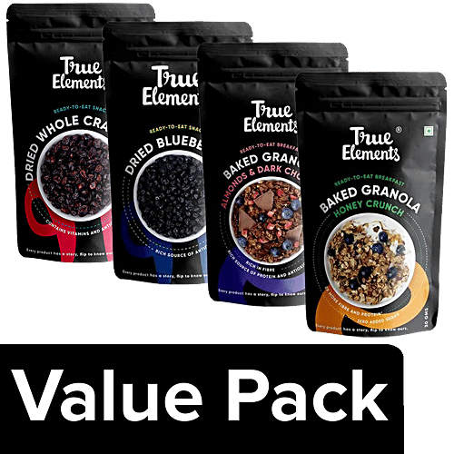 True Elements Dried Whole Cranberries+Blueberries+Baked Granola Almonds+Honey Crunch(each 30g), Combo 4 Items 