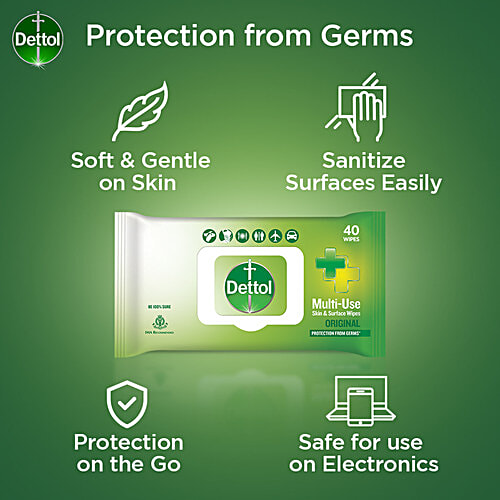 Dettol Wipes - Original, Sanitize Skin & Surfaces, Safe On Skin, Resealable Lock-lid, 2 x 40 pulls Multipack 
