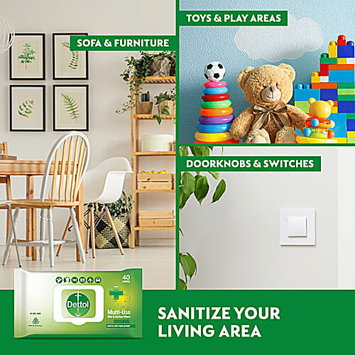 Dettol Wipes - Original, Sanitize Skin & Surfaces, Safe On Skin, Resealable Lock-lid, 2 x 40 pulls Multipack 