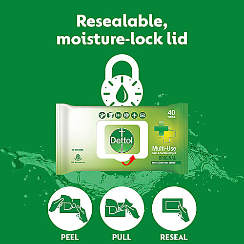 Dettol Wipes - Original, Sanitize Skin & Surfaces, Safe On Skin, Resealable Lock-lid, 2 x 40 pulls Multipack 
