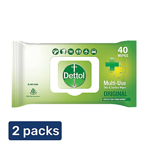 Dettol Wipes - Original, Sanitize Skin & Surfaces, Safe On Skin, Resealable Lock-lid, 2 x 40 pulls Multipack 
