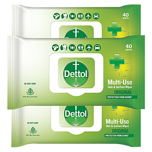Dettol Wipes - Original, Sanitize Skin & Surfaces, Safe On Skin, Resealable Lock-lid, 3 x 40 pulls Multipack