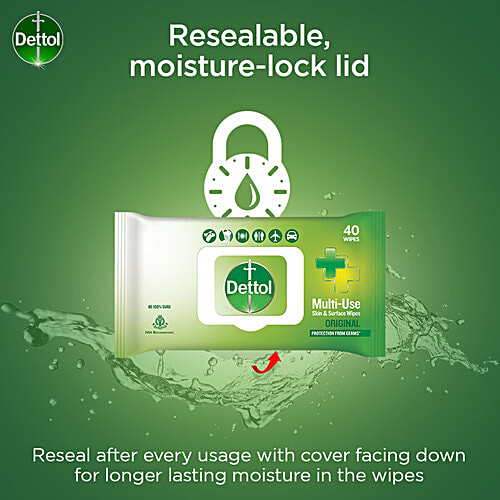 Dettol Wipes - Original, Sanitize Skin & Surfaces, Safe On Skin, Resealable Lock-lid, 3 x 40 pulls Multipack