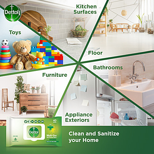 Dettol Wipes - Original, Sanitize Skin & Surfaces, Safe On Skin, Resealable Lock-lid, 3 x 40 pulls Multipack