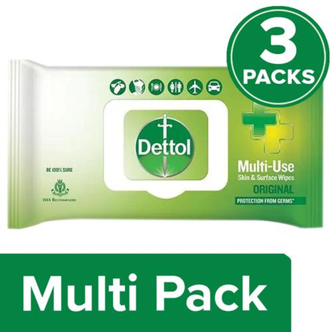 Dettol Wipes - Original, Sanitize Skin & Surfaces, Safe On Skin, Resealable Lock-lid, 3 x 40 pulls Multipack