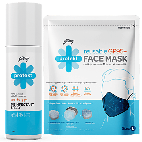 Godrej Protekt On The Go Travel Disinfectant Citrus Fragrance 85ml + Face Mask GP95+ - Blue 1pc, Combo 2 Items 