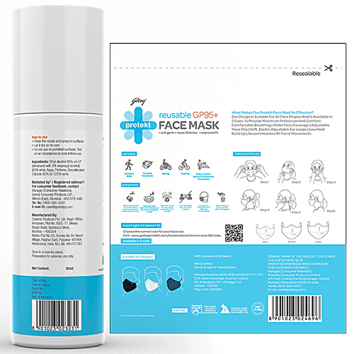 Godrej Protekt On The Go Travel Disinfectant Citrus Fragrance 85ml + Face Mask GP95+ - Blue 1pc, Combo 2 Items 