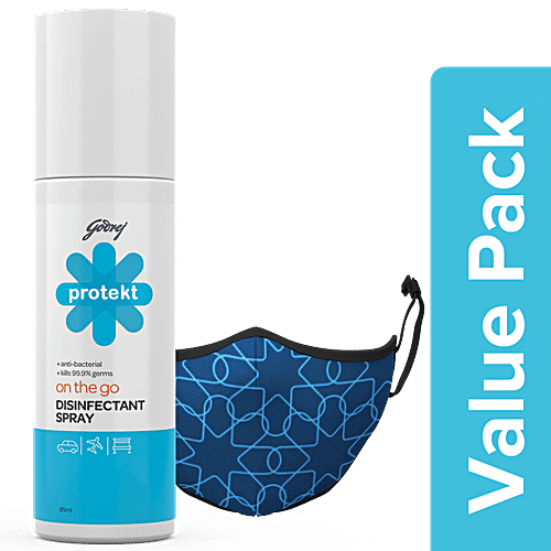 Godrej Protekt On The Go Travel Disinfectant Citrus Fragrance 85ml + Face Mask GP95+ - Blue 1pc, Combo 2 Items 