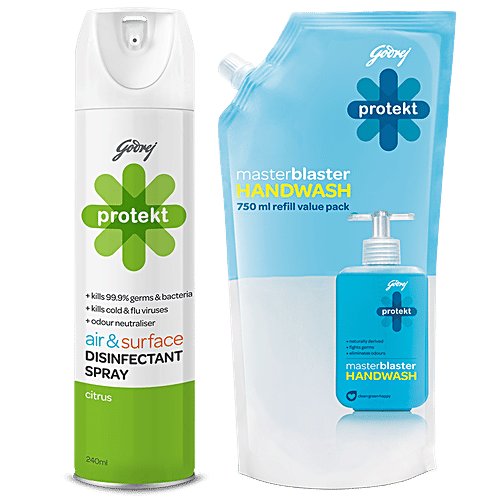 Godrej Protekt Masterblaster Liquid Handwash 750ml + Disinfectant Spray Citrus Fragrance 240 ml, Combo 2 Items 