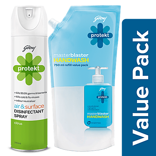 Godrej Protekt Masterblaster Liquid Handwash 750ml + Disinfectant Spray Citrus Fragrance 240 ml, Combo 2 Items 