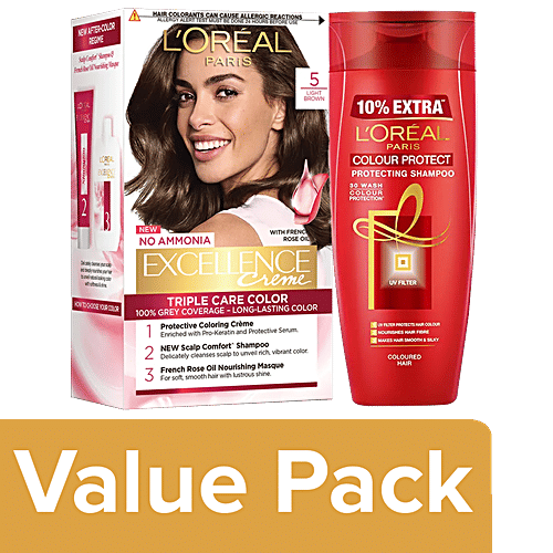 L'Oreal Paris Excellence Creme Hair Color(72ml+100g) 5 Light Brown+Color Protect Shampoo 175ml, 1 pc 2 Items 