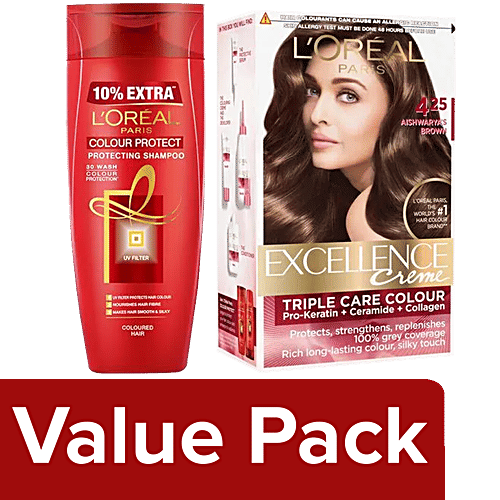 L'Oreal Paris Excellence Creme Hair Color 4.25 Aishwarya's Brown+Color Protect Shampoo 192.5ml, 1 pc 2 Items 