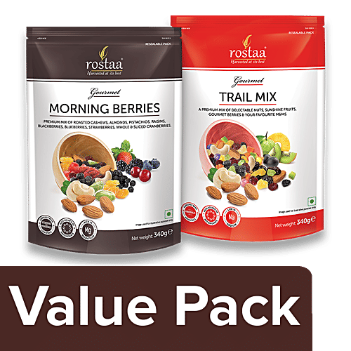 Rostaa Berries - Morning 340 g Pouch + Mixed Dry Fruits - Trail Mix 340 g Pouch, Combo 2 Items
