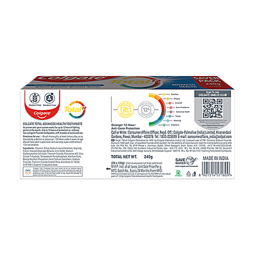 Colgate Whole Mouth Health, Antibacterial Toothpaste, 120gm + 120gm (Advanced Health, Saver Pack) (Pack of 3), 3x240 g (Multipack) 