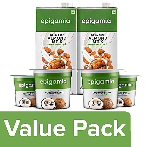 Epigamia  Unsweetened, Dairy Free - Almond Milk 2x1 L + Coconut Milk Yogurt 4x90 g, Combo 2 Items 