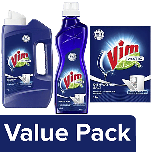 Vim Matic Dishwasher Detergent Powder, 1kg + Rinse Aid, 500ml + Dishwasher Salt,1 kg, Combo (3 Items)