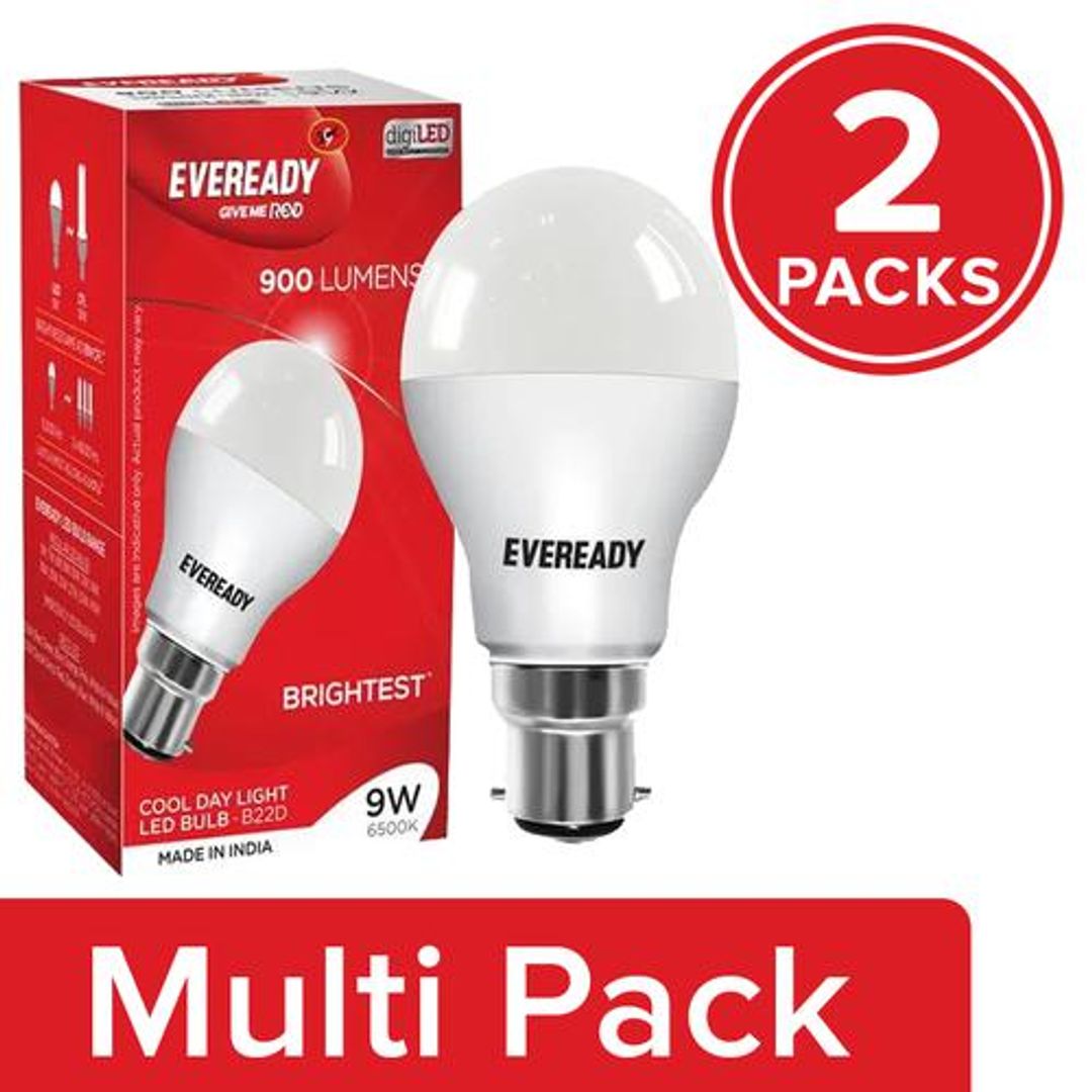 Eveready LED Bulb - 9 Watt,  Cool Day Light, Base B22D, 2 x 1 pc Multipack