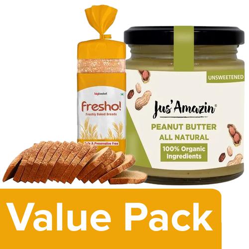bb Combo Fresho Whole Wheat Bread 400 g + Jus Amazin Organic Peanut Butter 200 g, Combo 2 Items 
