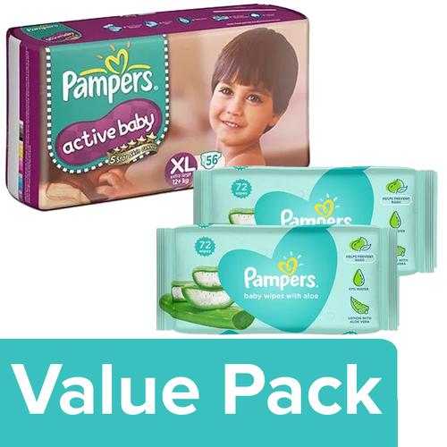Pampers  Active Baby Tape Style Diapers, XL 56 pcs + Baby Wet Wipes 72 pcs (Pack Of 2), Combo 2 Items 