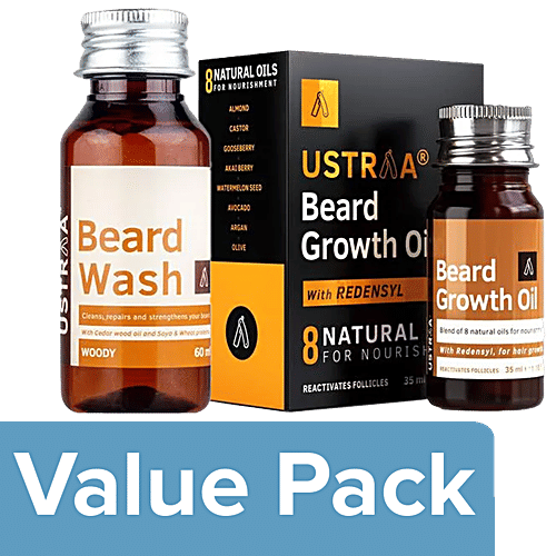 Ustraa Beard Growth Oil 35 ml + Beard Wash - For Men, Woody 60 ml, Combo 2 Items 