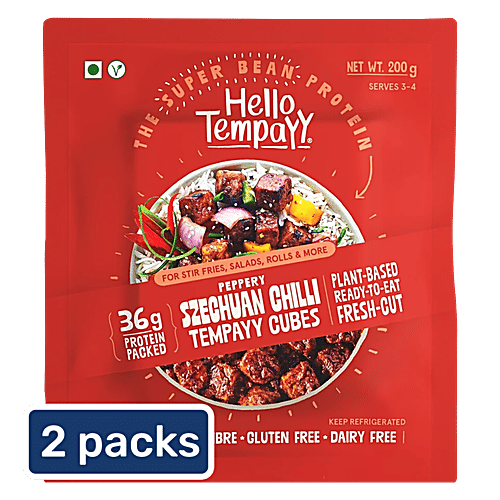 Hello Tempayy Peppery Szechuan Chilli Tempeh Cubes, 2x200 g (Multipack) 40g Protein Packed, Low Fat, Low Carbs, Fiber Rich