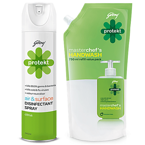 Godrej Protekt Germ Fighter Handwash Neem & Aloe Vera 750ml + Disinfectant Spray Citrus 240 ml, Combo 2 Items 