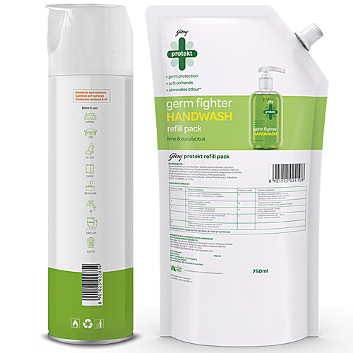 Godrej Protekt Germ Fighter Handwash Neem & Aloe Vera 750ml + Disinfectant Spray Citrus 240 ml, Combo 2 Items 