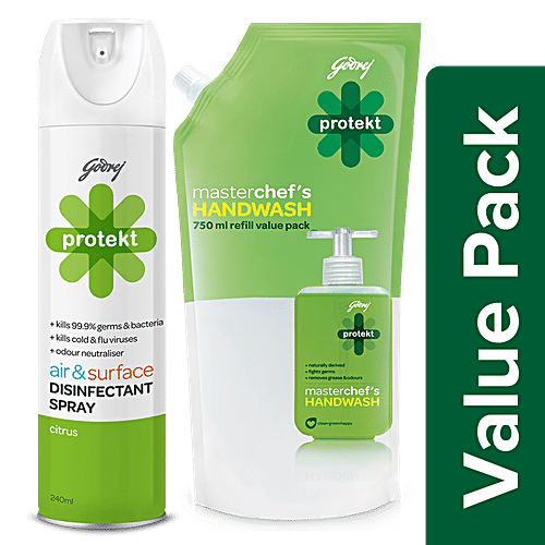 Godrej Protekt Germ Fighter Handwash Neem & Aloe Vera 750ml + Disinfectant Spray Citrus 240 ml, Combo 2 Items 