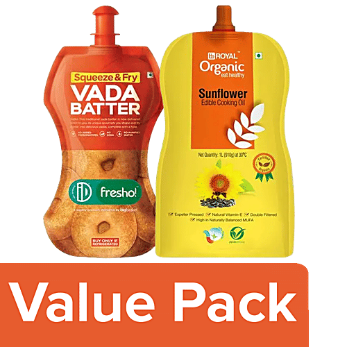 bb Combo BB Royal Organic Sunflower Cooking Oil 1L+iD Fresho Squeeze&Fry Vada Batter 375g, Combo 2 Items 