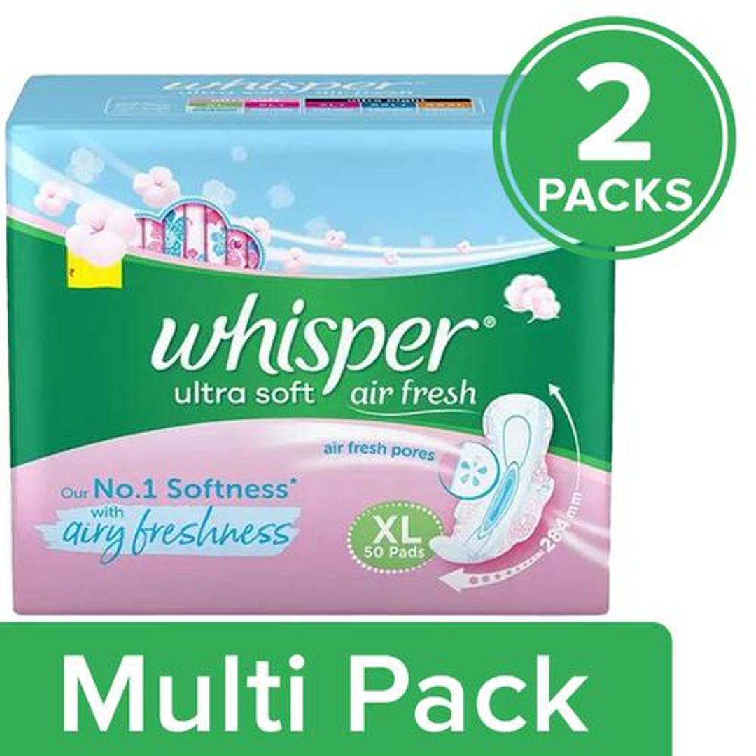 Whisper  Ultra Soft Air Fresh Sanitary Pads - With Wider & Longer Back, XL, 2x50 pcs (Multipack)