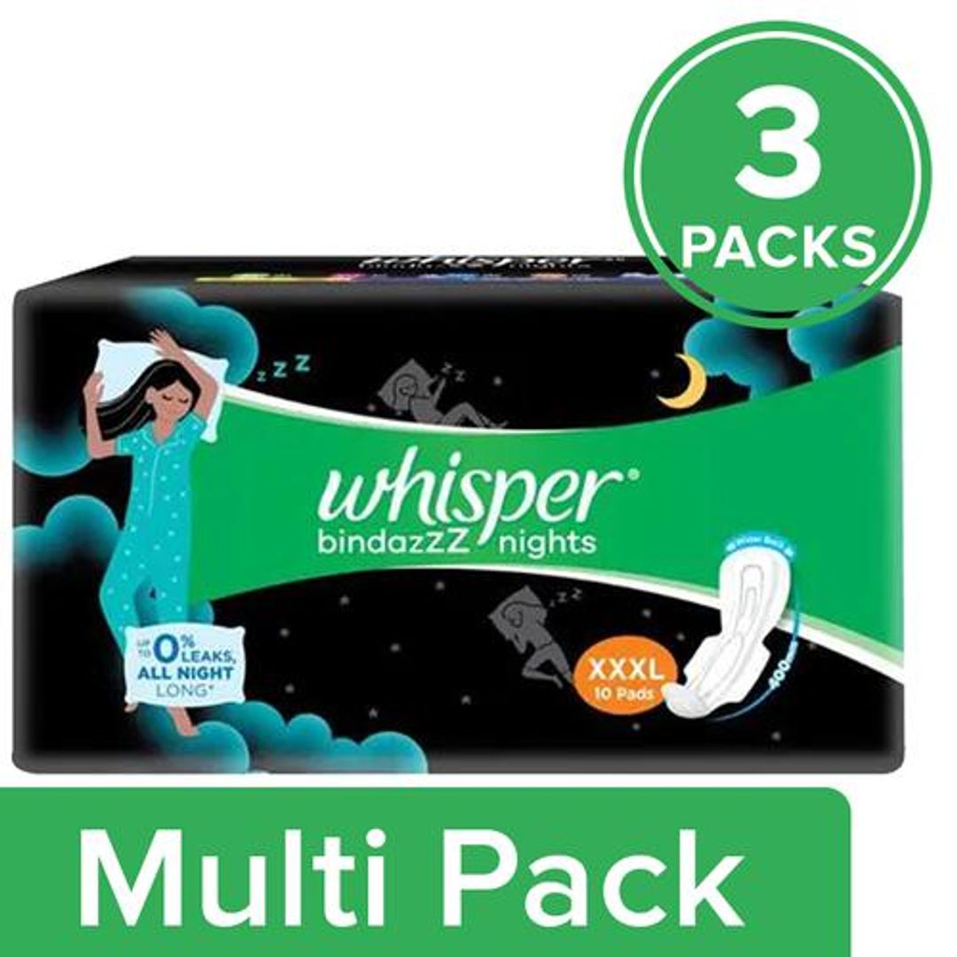 Whisper  Bindazzz Nights Sanitary Pads - Double Huge Wings, Wider Back, XXXL Plus, 3x10 pcs (Multipack)