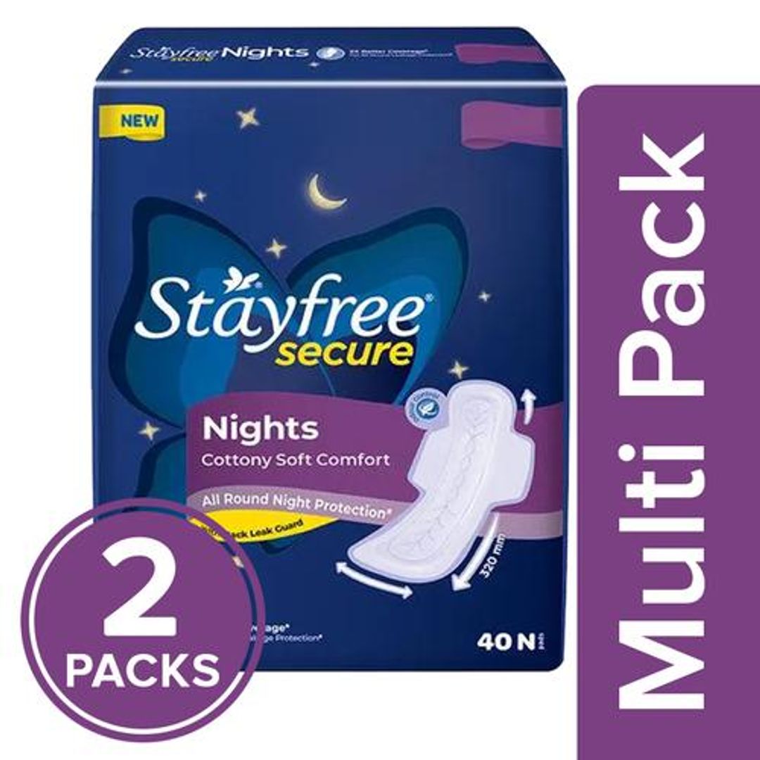 STAYFREE Secure Nights Sanitary Pad - With Cottony Soft Comfort & Back Leak Guard, 2x40 pcs (Multipack)