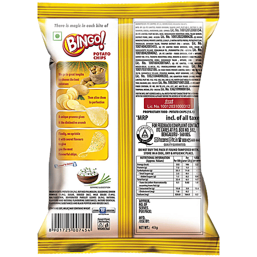 Bingo! Original Style Potato Chips - Cream & Onion, 6 x 43 g Multipack 