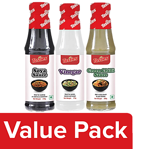Tasties Green Chilli Sauce, 200 g + Soya Sauce, 210 g + Vinegar, 175 g, Combo 3 Items 