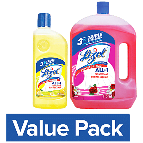 Lizol Disinfectant Surface & Floor Cleaner Liquid Floral 2 L + Citrus 500 ml, Combo 2 Items 