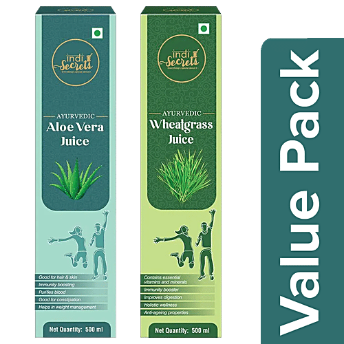 Buy IndiSecrets Aloe Vera Juice, 500 ml + Wheatgrass Juice, 500 ml