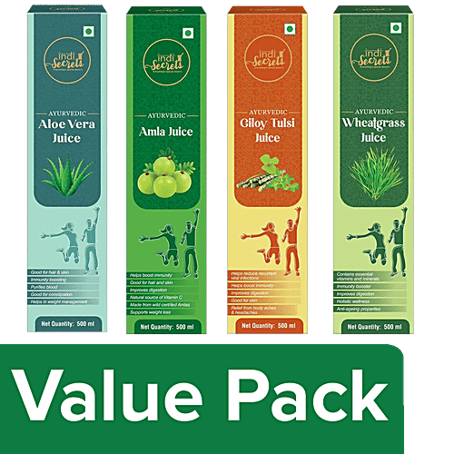 indiSecrets Aloe Vera Juice + Amla Juice + Giloy Tulsi Juice + Wheatgrass Juice - 500 ml, Combo 4 Items 